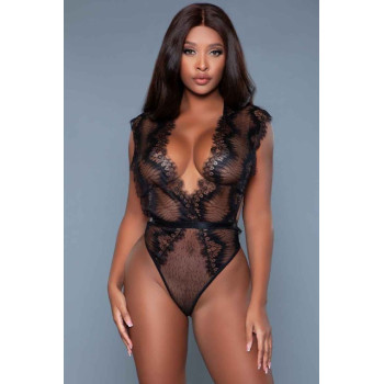 Deep V Cross Over Lace Teddy